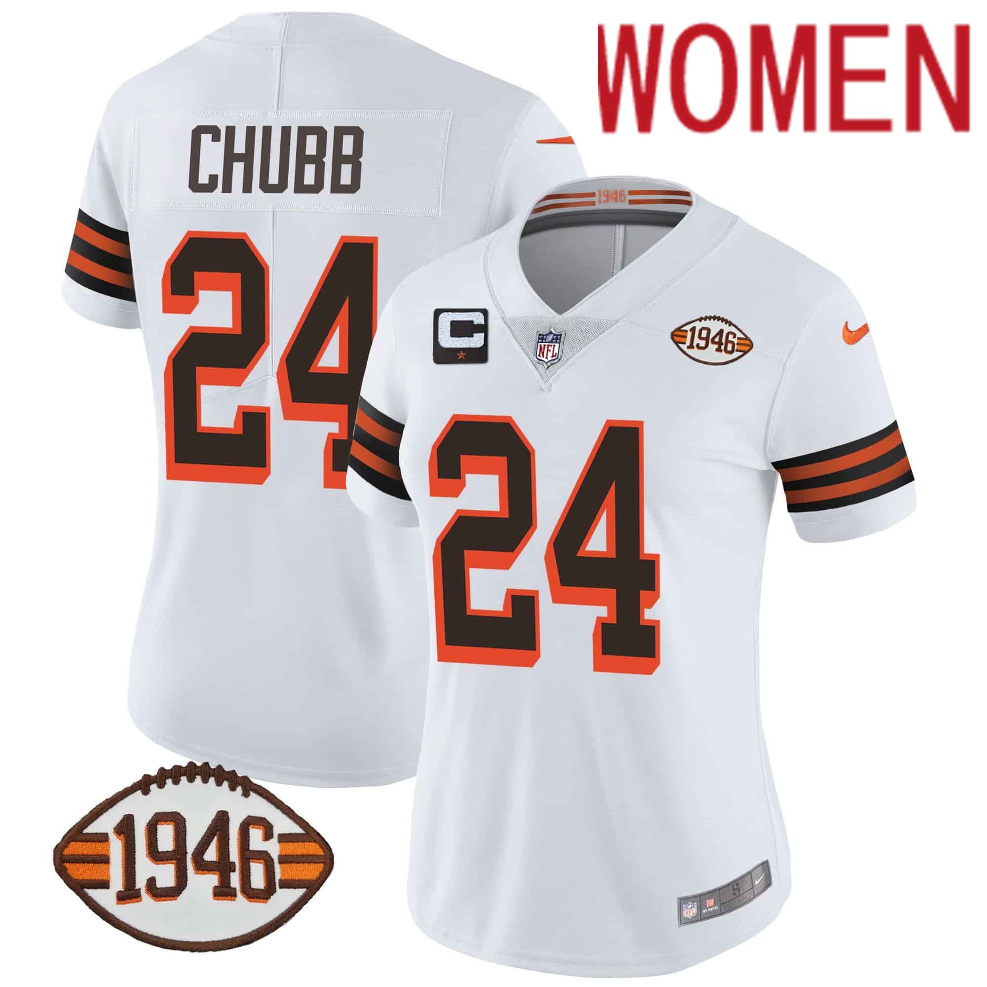 Women Cleveland Browns 24 Chubb White 1946 75th Anniversary Patch 2024 Nike NFL Jersey